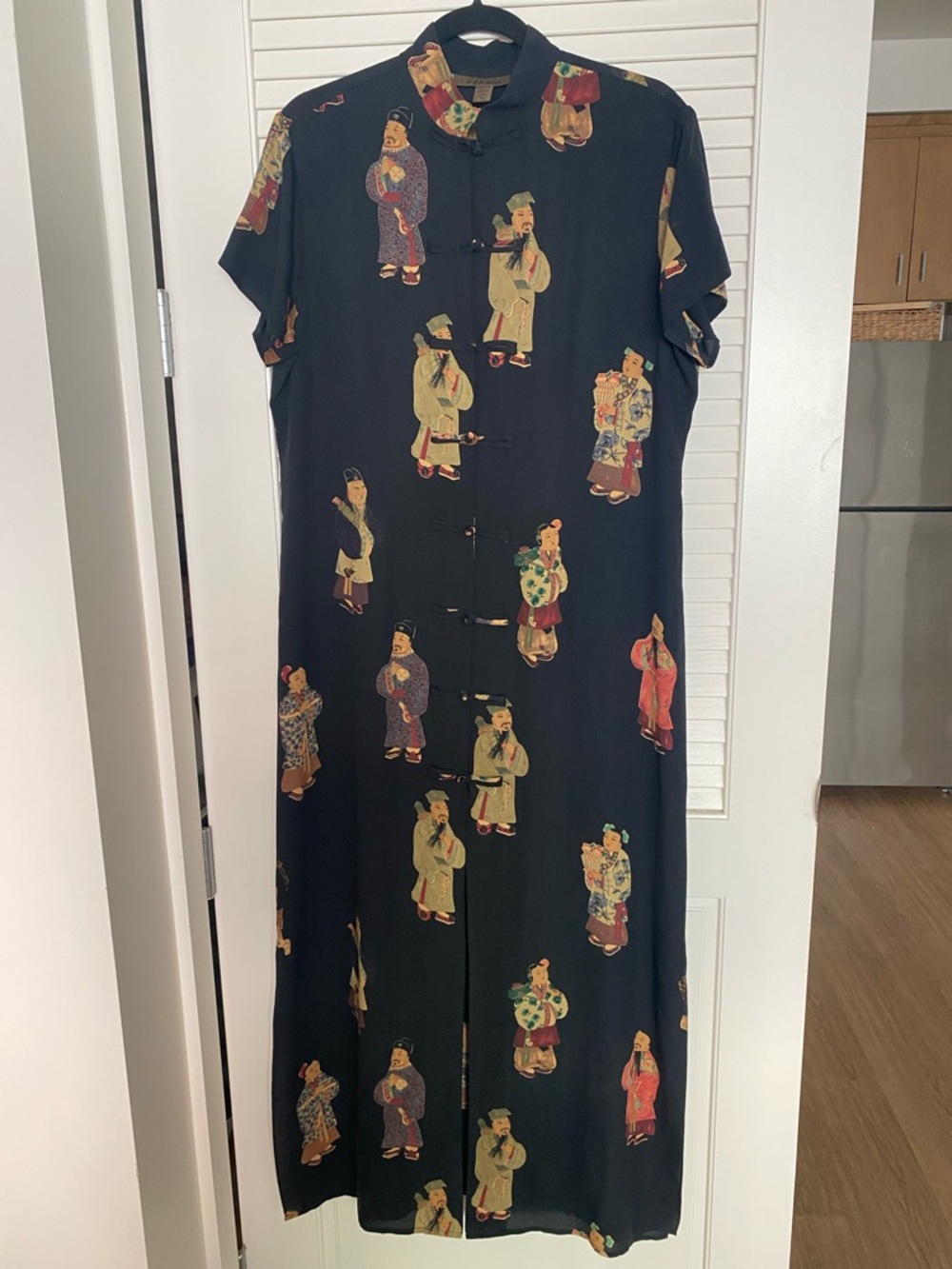 Black Mandarin-Collar Maxi Dress with Vintage Figurine Print